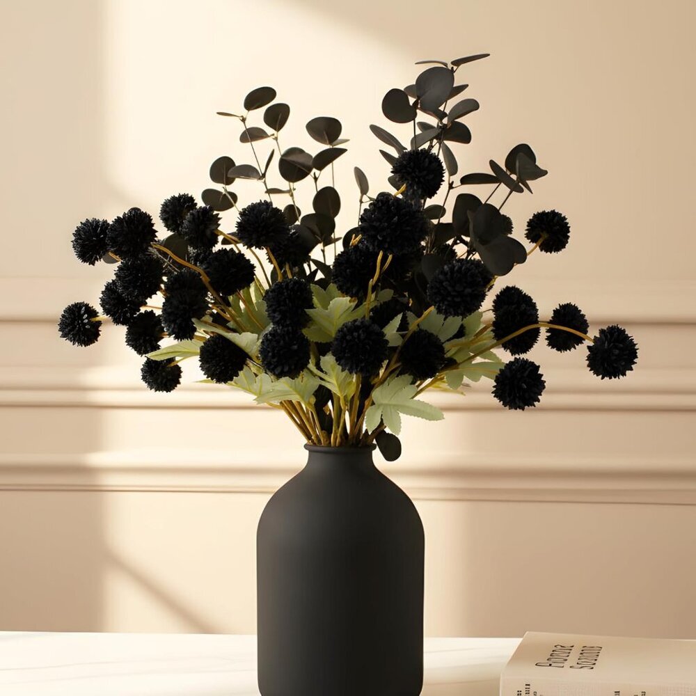 Black Faux Kiku Flowers for Vase 10 Long Stem Artificial Flowers with Eucalyptus